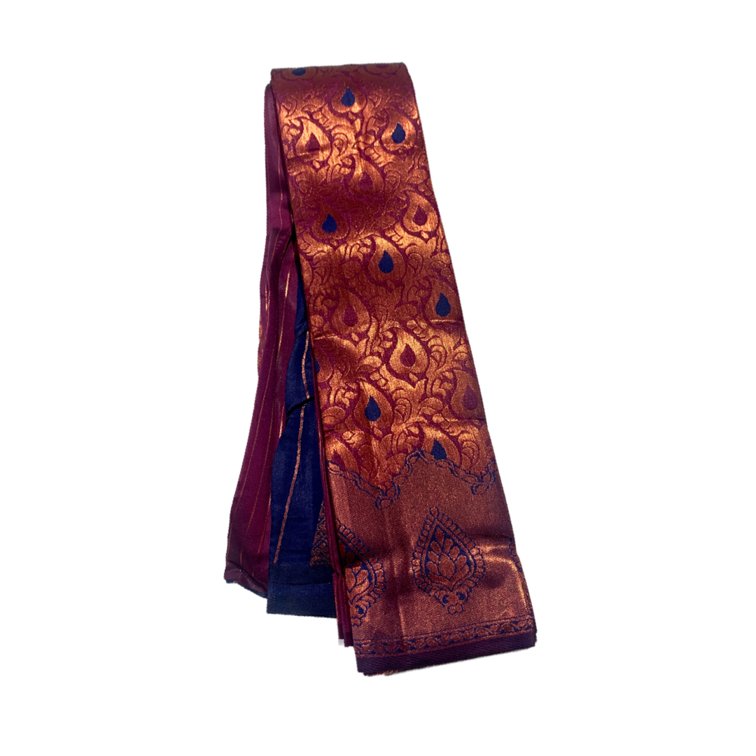 Maroon shade saree with Leaf Design with Copper and Blue Border