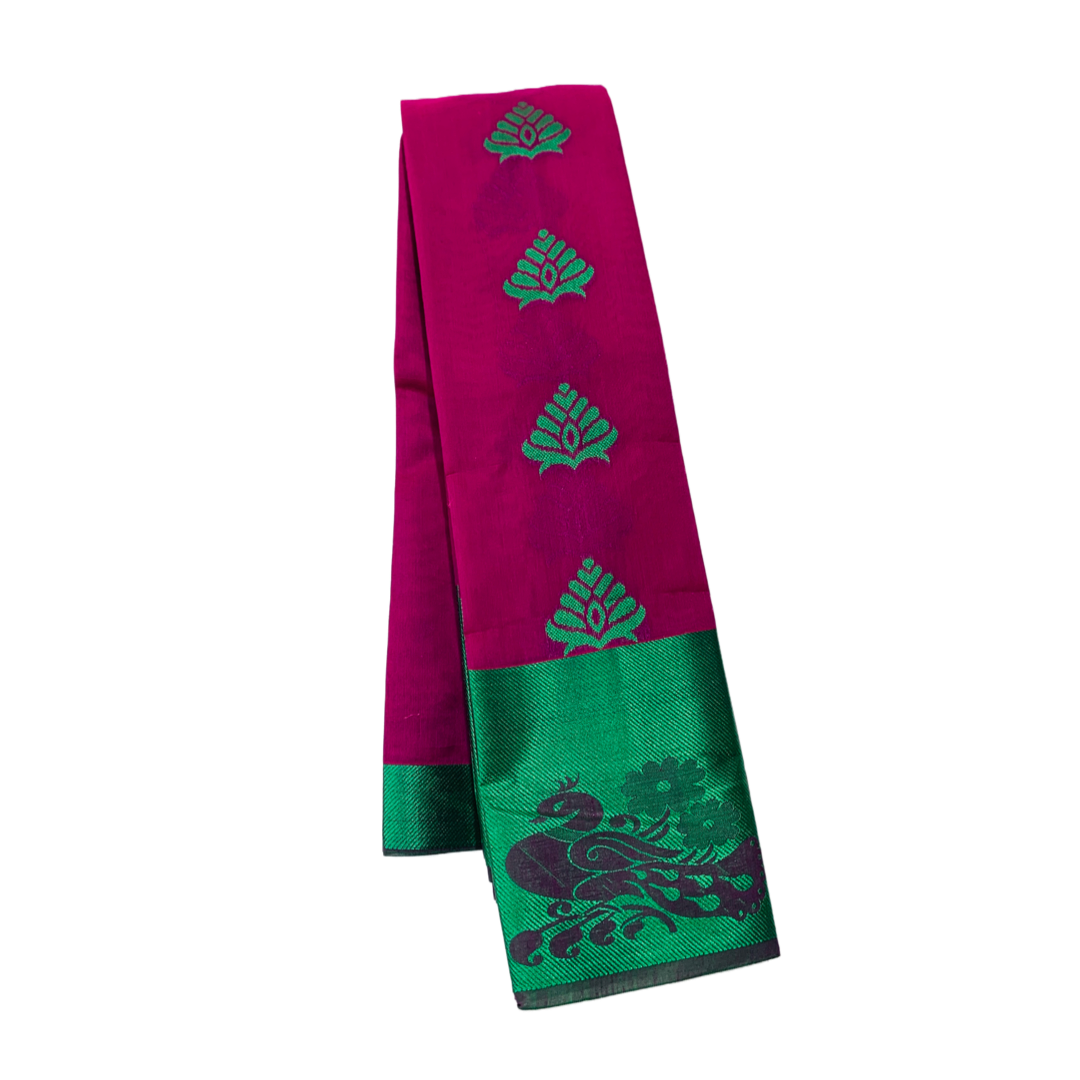 Magenta shade silk cotton Saree with Big Green Border