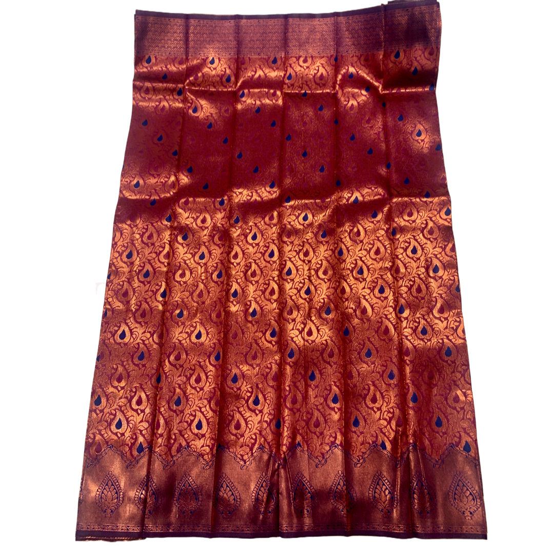 Maroon shade saree with Leaf Design with Copper and Blue Border