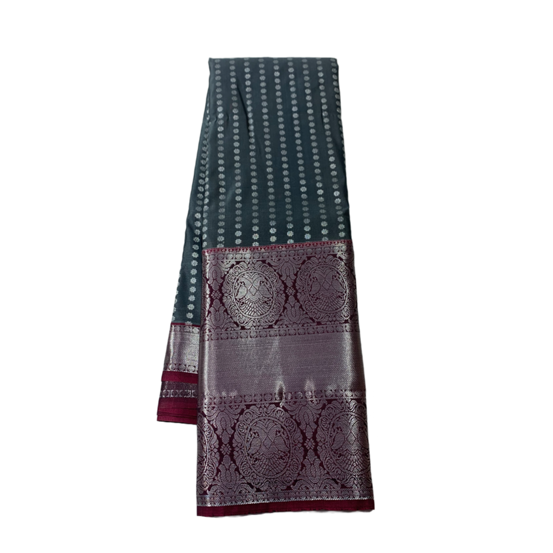 Vegan Silk Saree Gray shade with Maroon Border