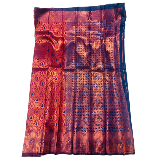 Maroon shade saree with Leaf Design with Copper and Blue Border