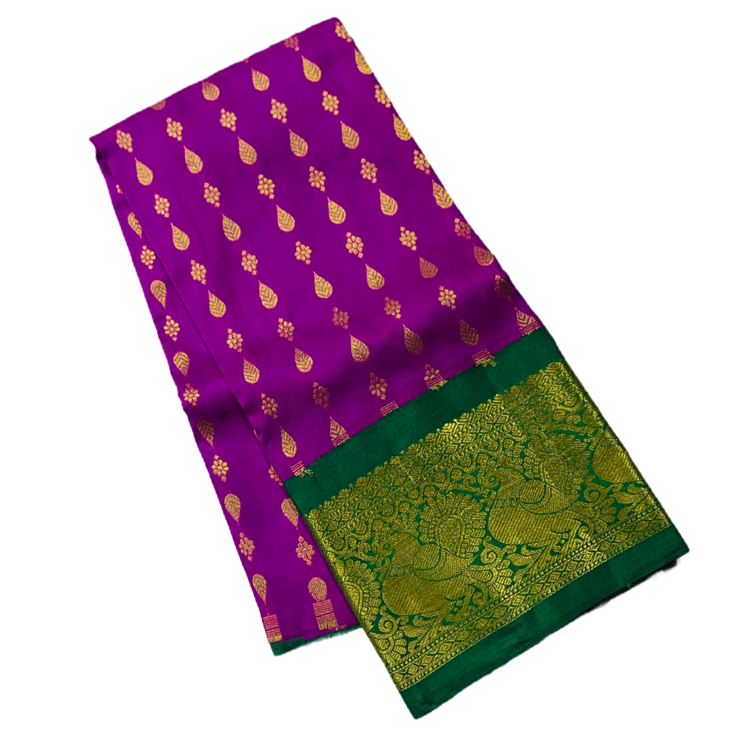 Magenta shade Pure kanchipuram Kids Pattu Pavadai with contrast border for newborn to 2 Years