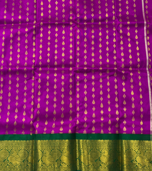 Magenta shade Pure kanchipuram Kids Pattu Pavadai with contrast border(Size-2)Below 1 years