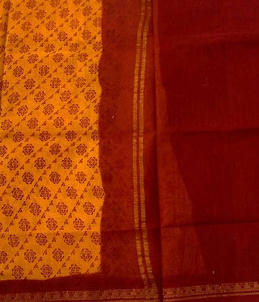 Chettinad Sungudi Cotton Mango Yellow Printed Saree