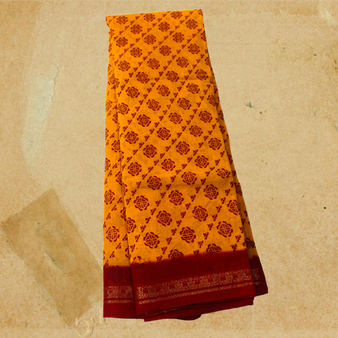 Chettinad Sungudi Cotton Mango Yellow Printed Saree