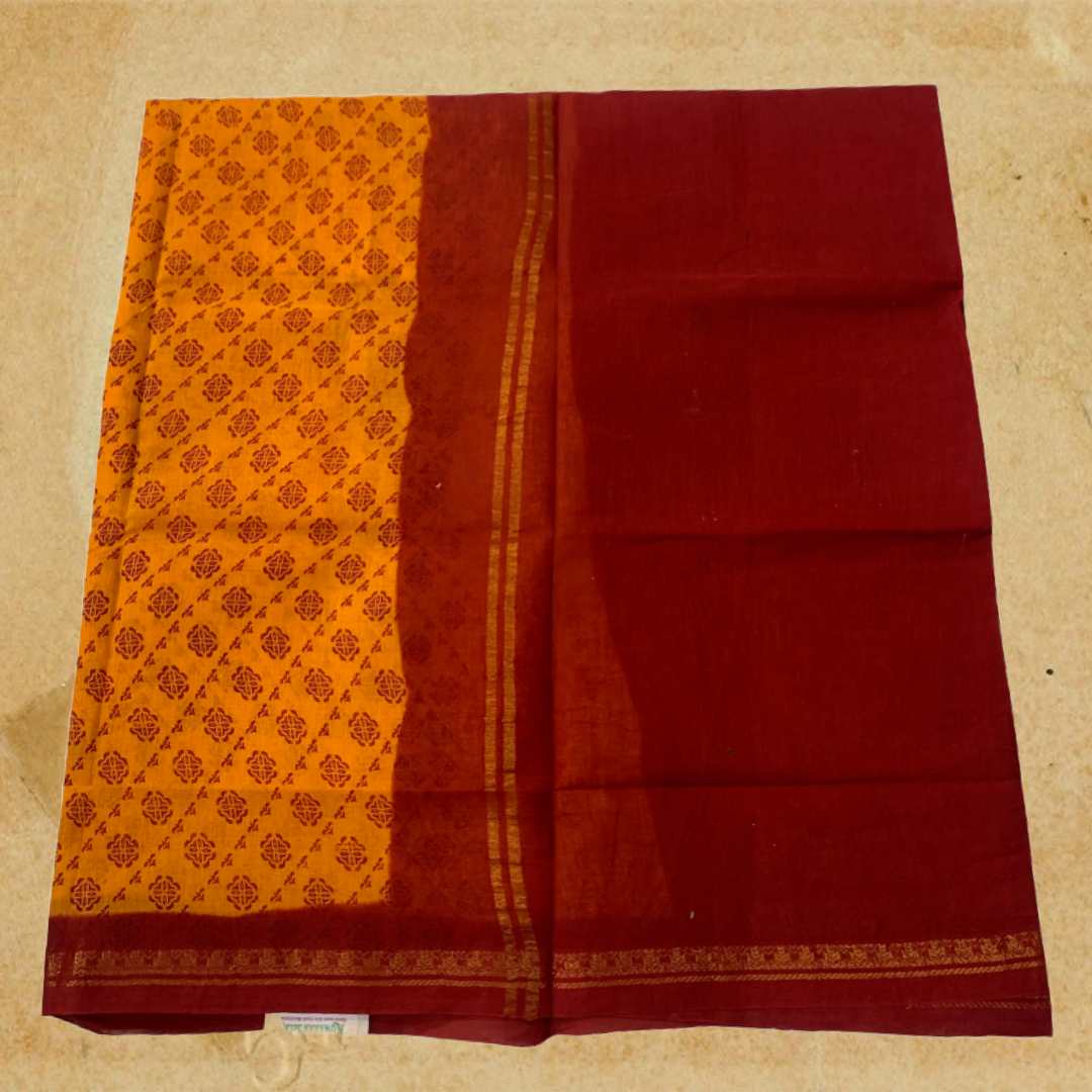 Chettinad Sungudi Cotton Mango Yellow Printed Saree