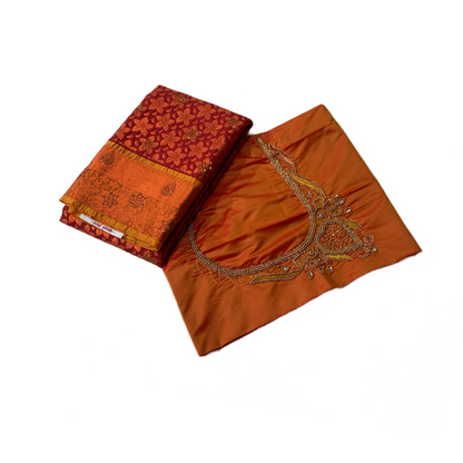 Vegan Silk Saree Maroon Shade with Flower design with Unstitched blouse in Aari work