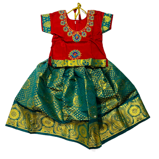 Ready To Wear Green Pavadai with contrast Maroon Blouse - 1 Year Baby