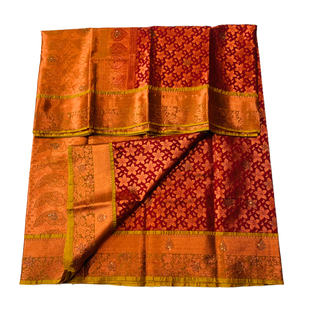 Vegan Silk Saree Maroon Shade with Flower design with Unstitched blouse in Aari work