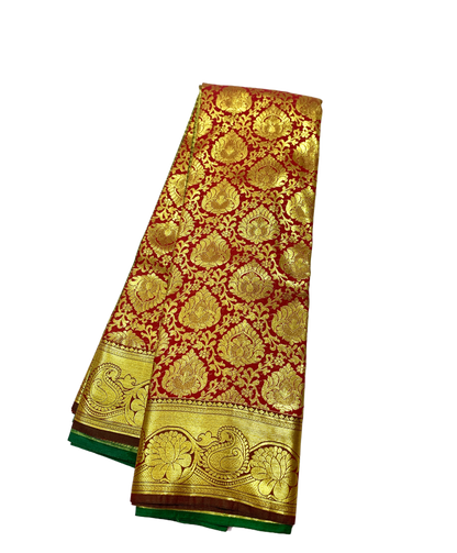 Maroon Shade vegan Silk Saree with Golden Border with Mango and Lotus design