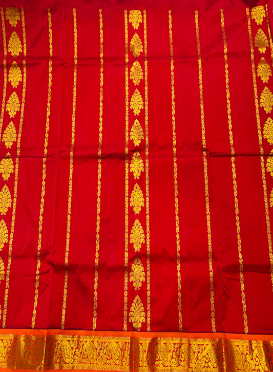 Maroon shade vegan silk Kids Pattu Pavadai with Contrast border with Flower with Peacock design (Size-20) Above 10 years