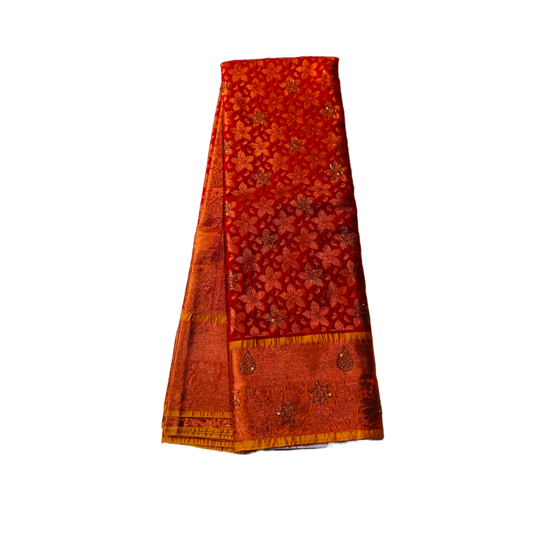 Vegan Silk Saree Maroon Shade with Flower design with Unstitched blouse in Aari work