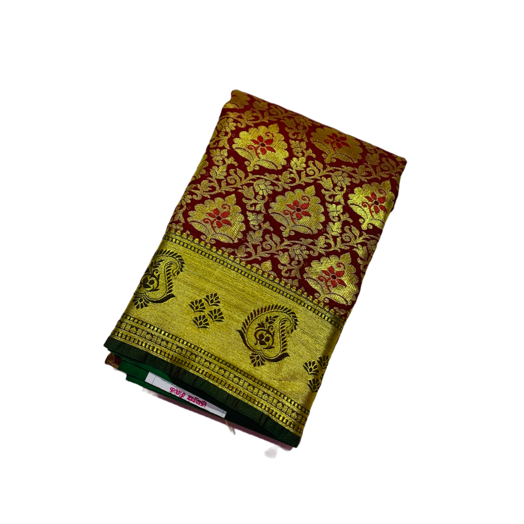 Maroon Shade Vegan Silk Saree with Golden Border with Mango design