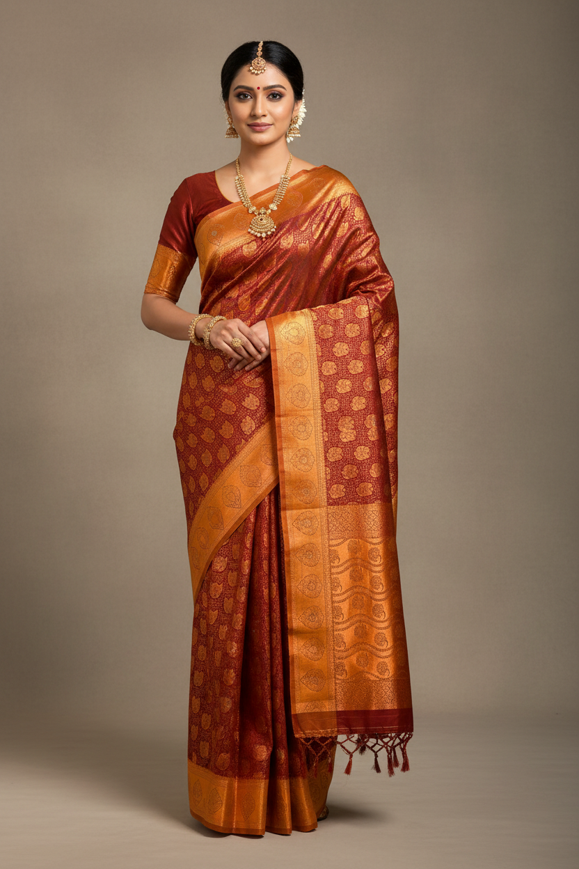 Bridal Vegan Silk Saree Maroon Colour with Copper Border