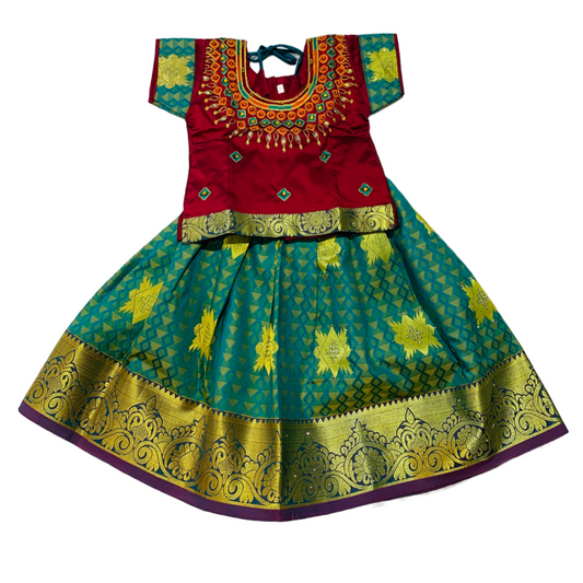 Ready To Wear Green Pavadai with contrast Maroon Blouse - 2 Year Baby