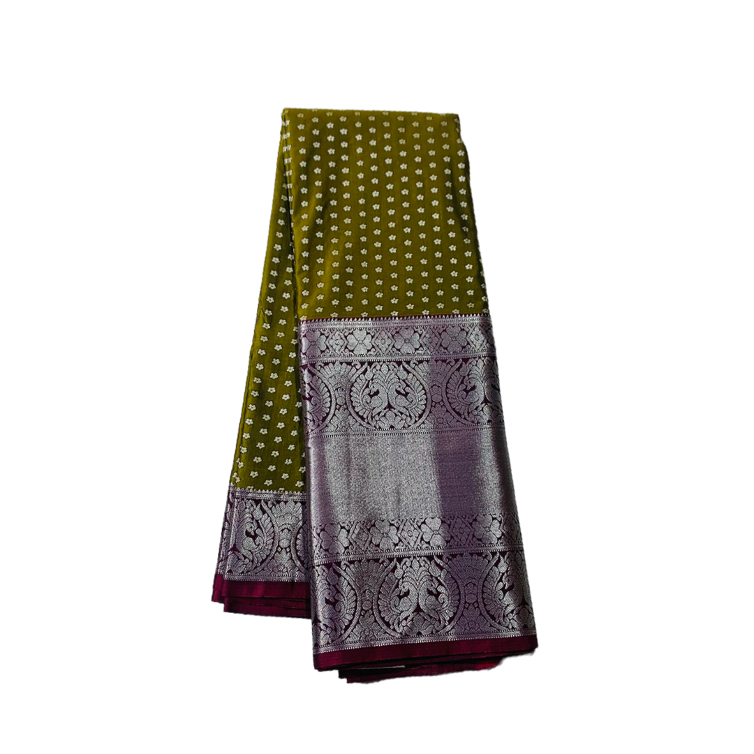 Vegan Silk Saree Mehandi Green shade with Marron Border.