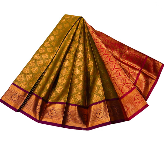 Green shade Soft kanchi pattu with Copper and Brown Border.