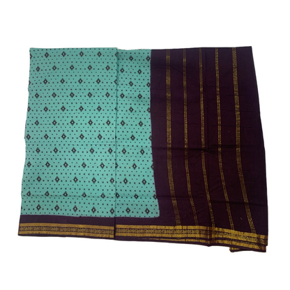 9 yards Cotton Saree Mint Green Colour with Brown Border