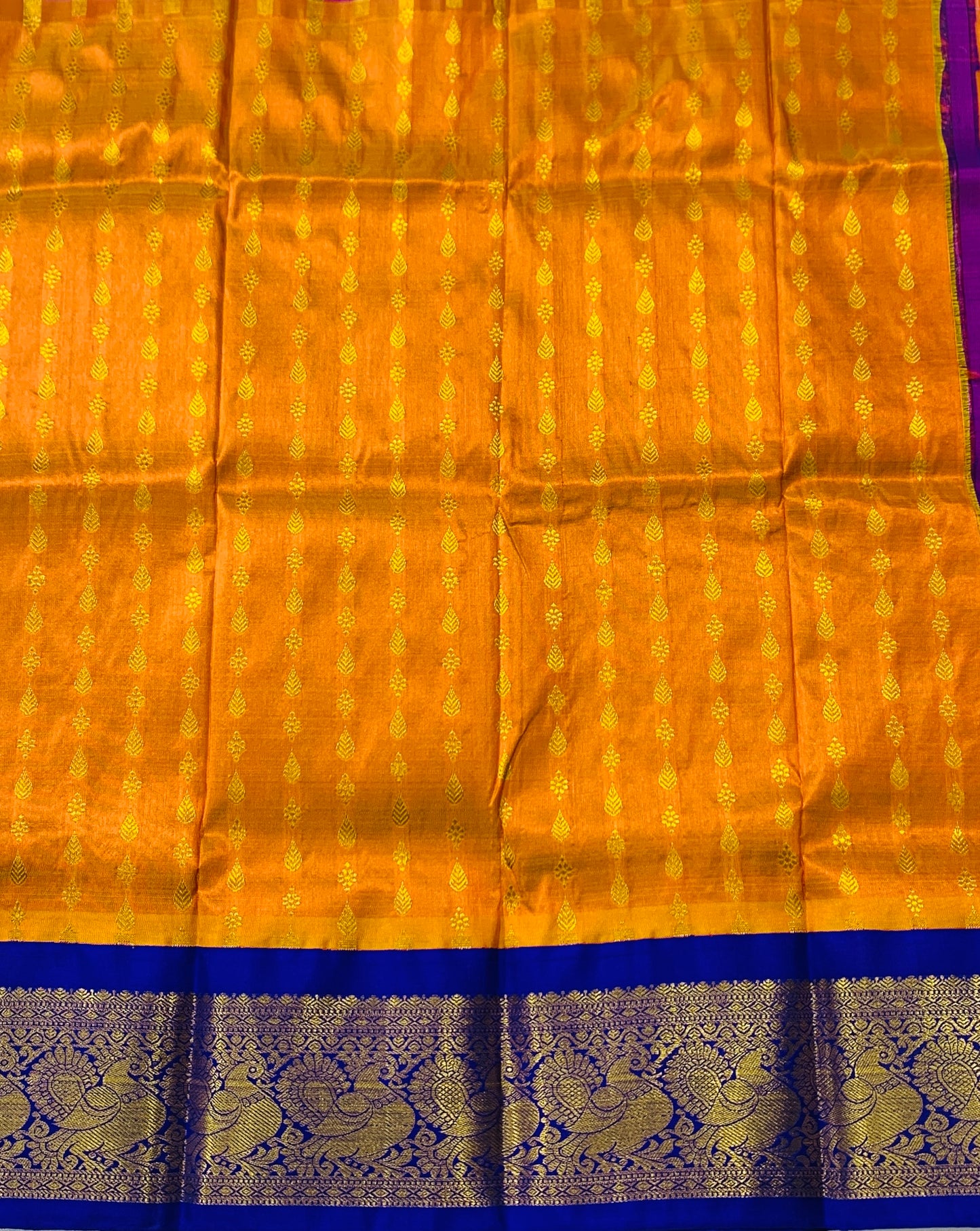 Mango Yellow shade Pure kanchipuram Kids Pattu Pavadai with contrast border for newborn to 2 Years