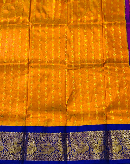Mango Yellow shade Pure kanchipuram Kids Pattu Pavadai with contrast border(Size-2) Below 1 year