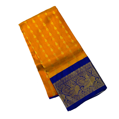 Mango Yellow shade Pure kanchipuram Kids Pattu Pavadai with contrast border for newborn to 2 Years