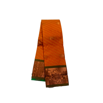 Mango Yellow shade Soft kanchi pattu with Copper zari with Olive Green Border.