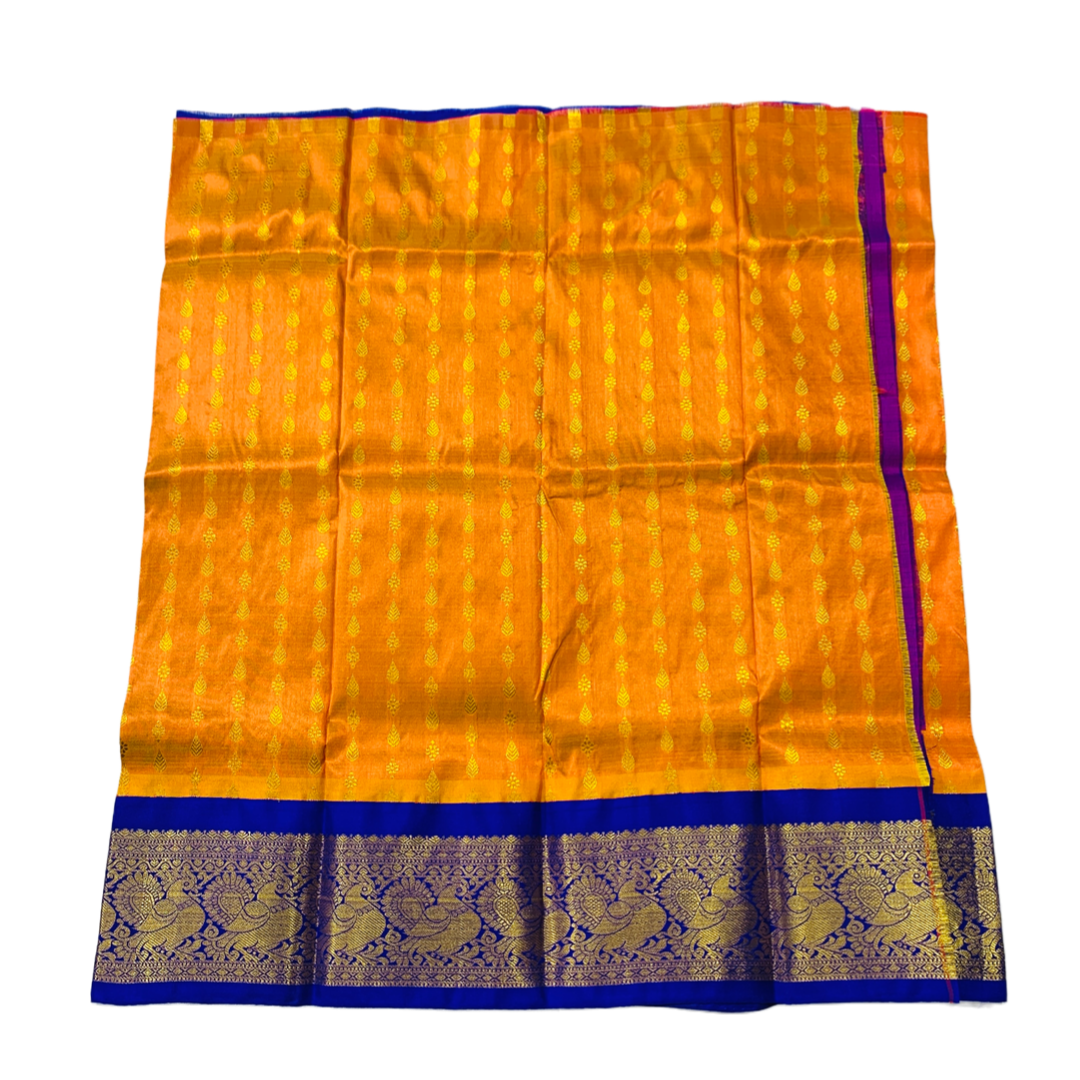 Mango Yellow shade Pure kanchipuram Kids Pattu Pavadai with contrast border for newborn to 2 Years