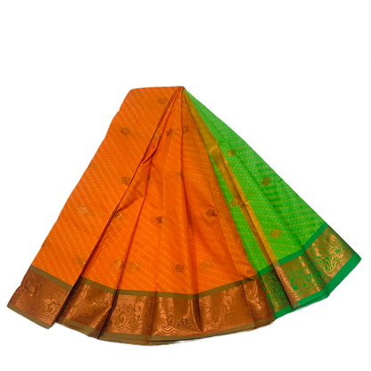 Mango Yellow shade Soft kanchi pattu with Copper zari with Olive Green Border.