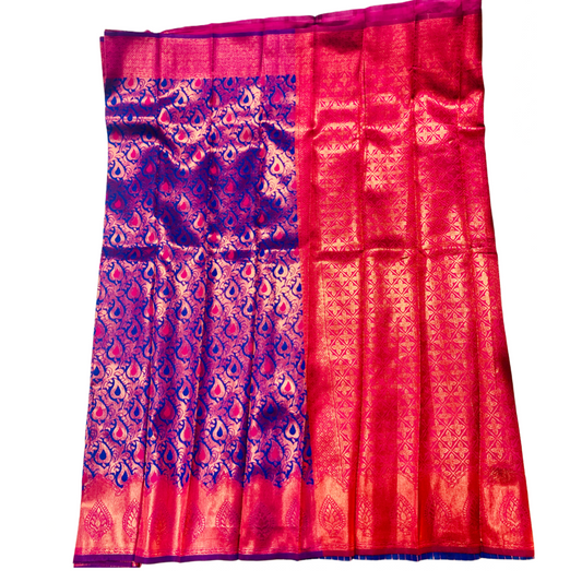 Navy Blue shade saree with Leaf Design with Pink Border