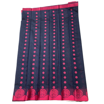 Navy Blue shade silk cotton Saree with Pink Border