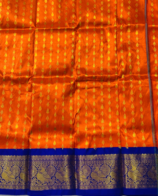 Orange shade Pure kanchipuram Kids Pattu Pavadai with contrast border(Size-2)Below 1 year