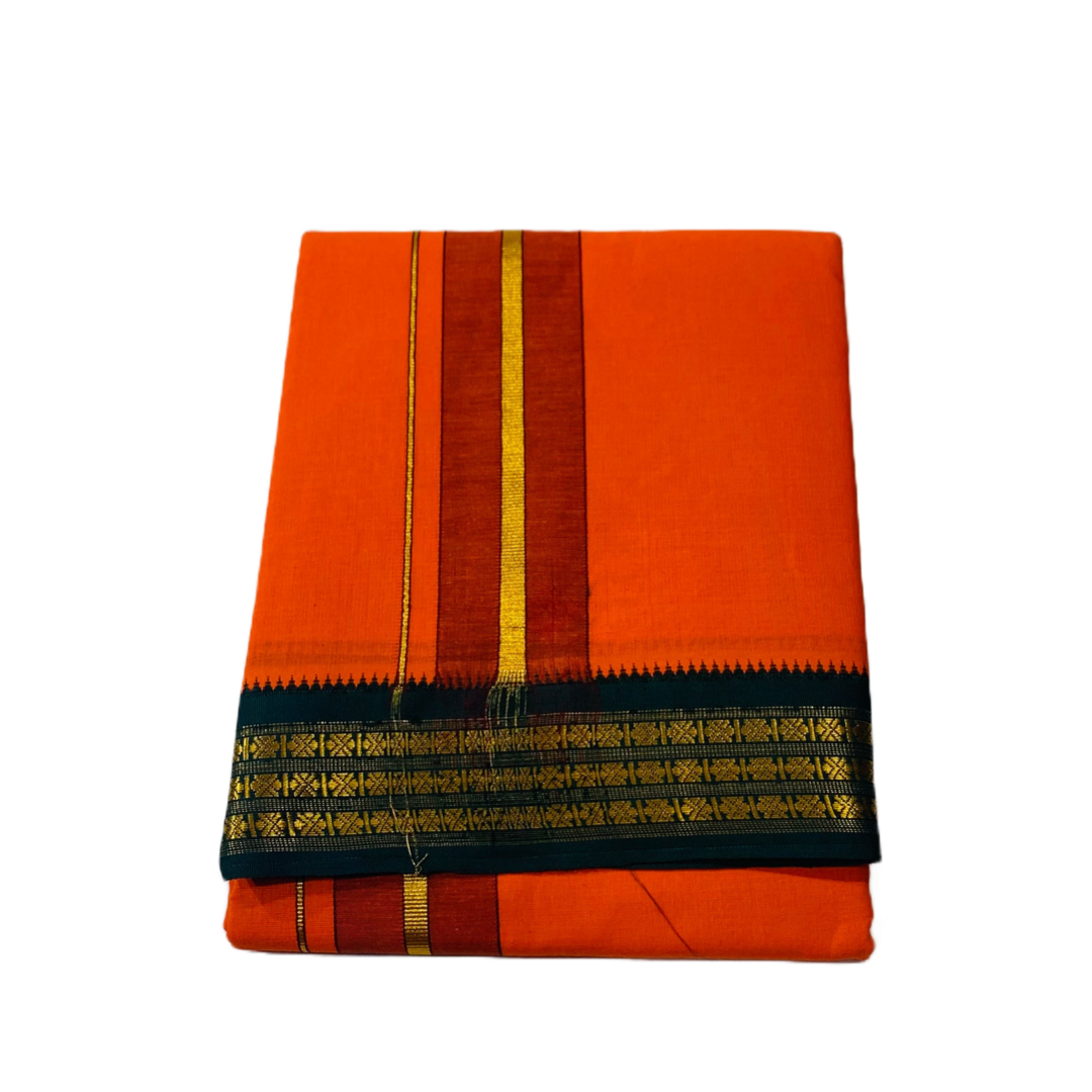 Orange shade Cotton Dhoti with Border Green shade with diamond design.