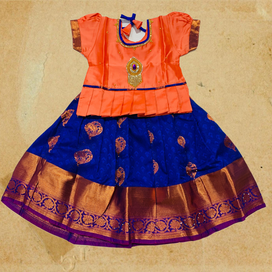 Ready To Wear Blue Pavadai with Contrast Orange Blouse - 1 Year Baby