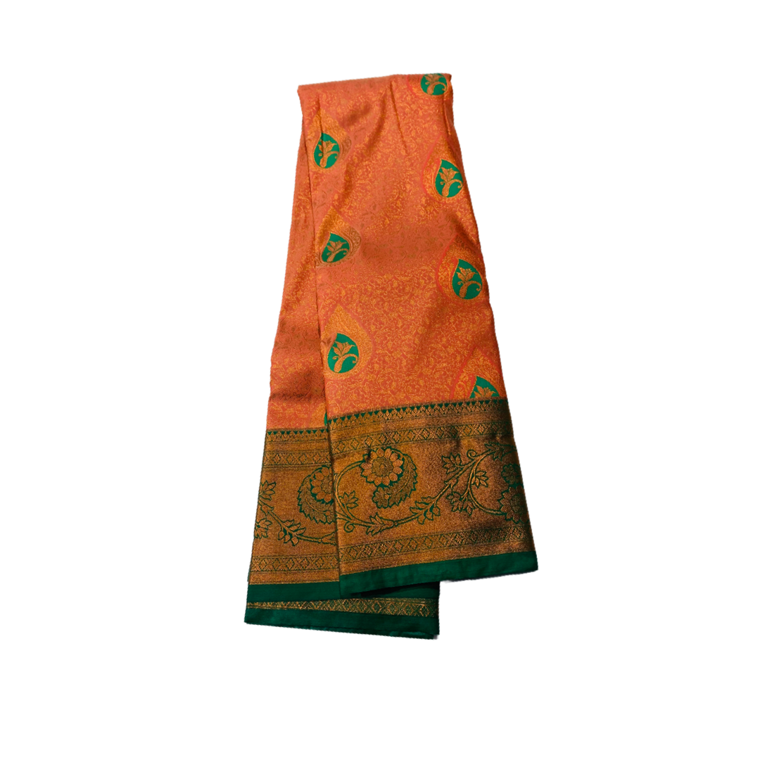 Orange shade Soft kanchi pattu with Green Border with flower design.