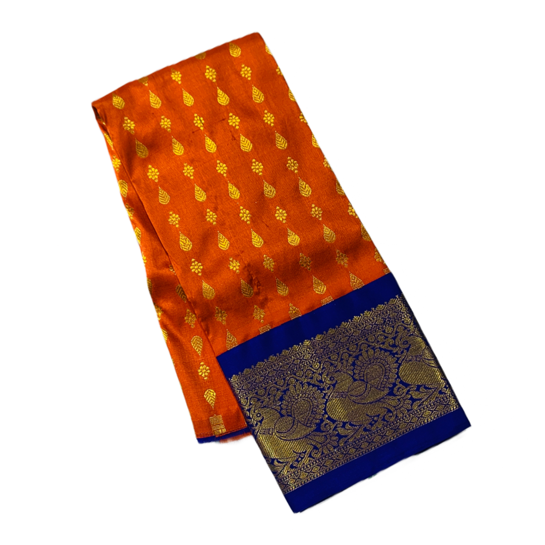 Orange shade Pure kanchipuram Kids Pattu Pavadai with contrast for newborn to 2 Years