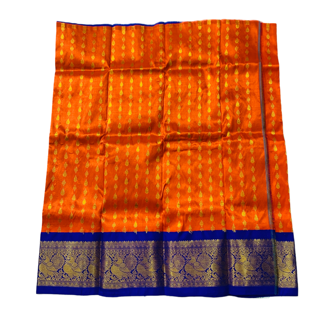 Orange shade Pure kanchipuram Kids Pattu Pavadai with contrast for newborn to 2 Years