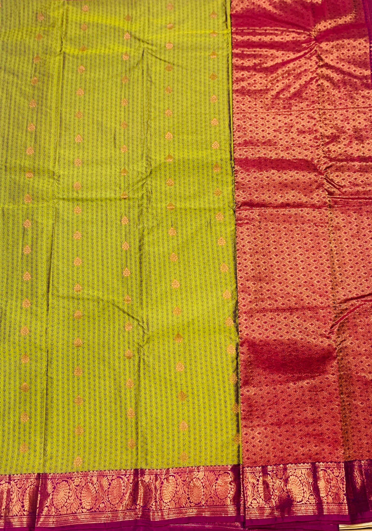 Olive Green shade Semi Silk Saree with Pink Border with Floral Design