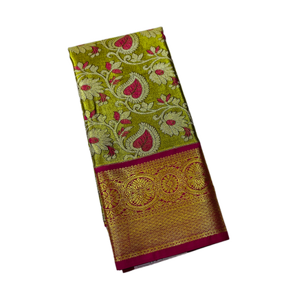 Olive Green shade Vegan Silk Kids Pattu Pavadai with Contrast border for age 2 to 5