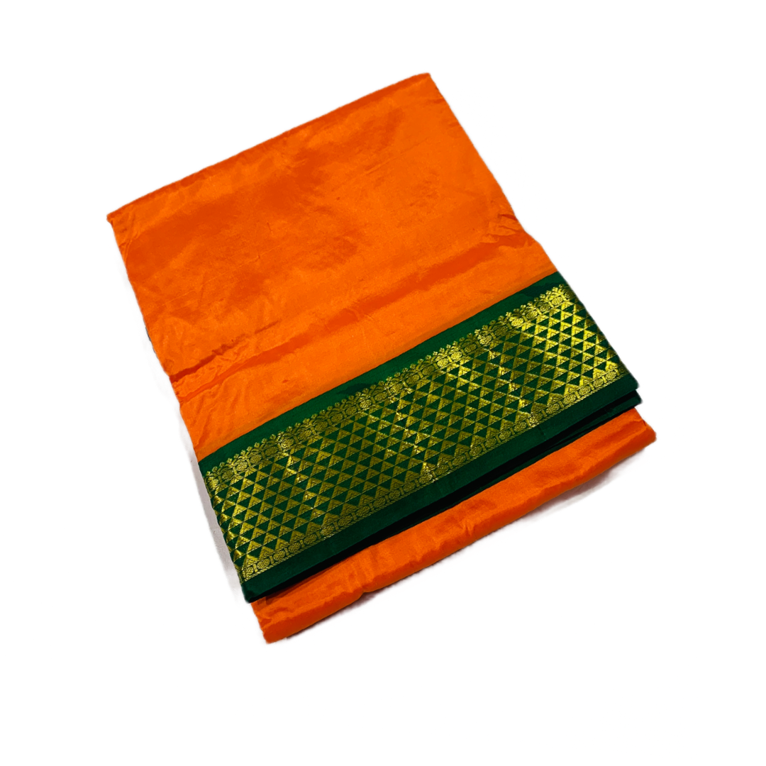 9 yards Pure Kanchipuram Silk Saree Orange Colour with Green Border