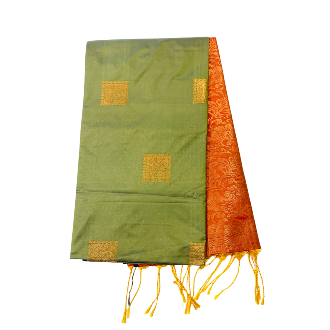 Soft Vegan Silk Saree Olive Green Colour with Orange Pallu