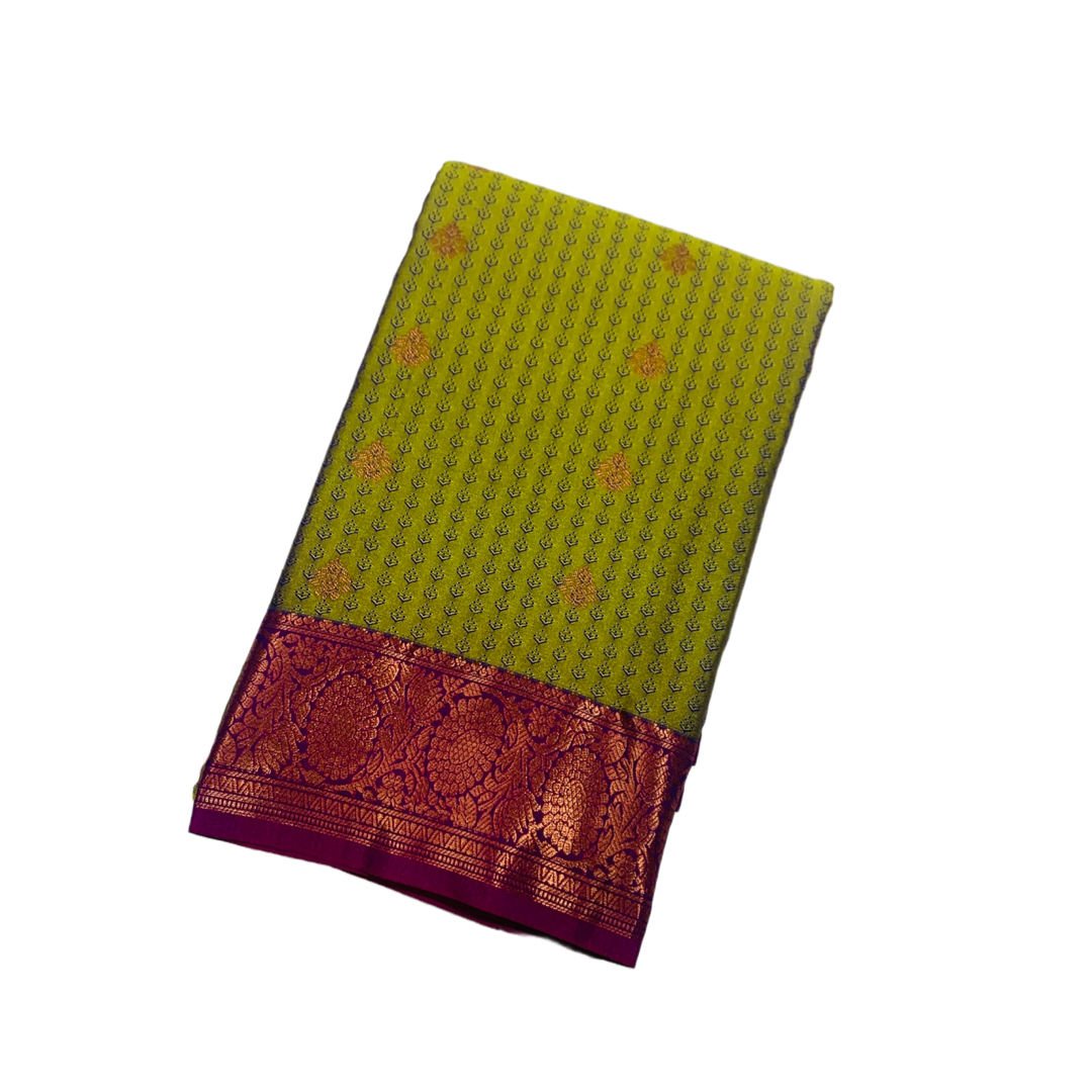 Olive Green shade Semi Silk Saree with Pink Border with Floral Design