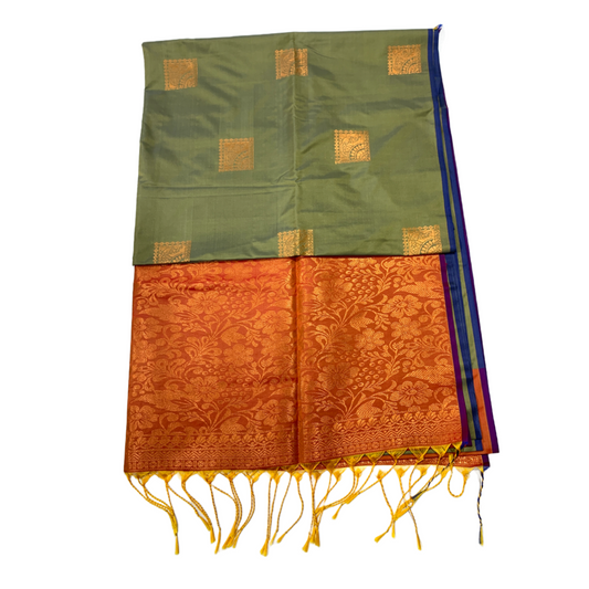 Soft Vegan Silk Saree Olive Green Colour with Orange Pallu