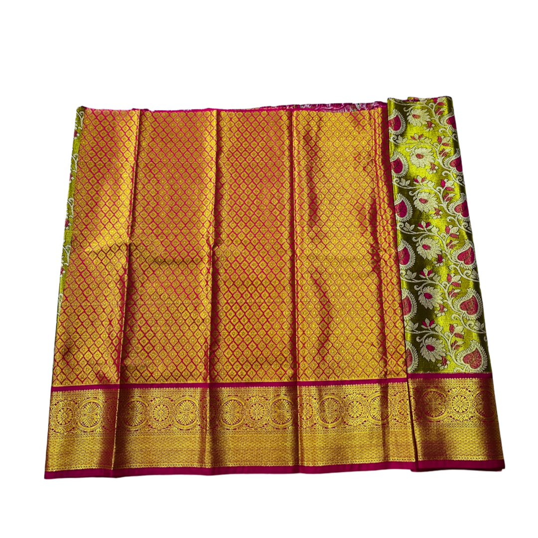 Olive Green shade Vegan Silk Kids Pattu Pavadai with Contrast border for age 2 to 5