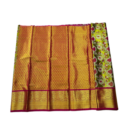 Olive Green shade Vegan Silk Kids Pattu Pavadai with Contrast border for age 2 to 5