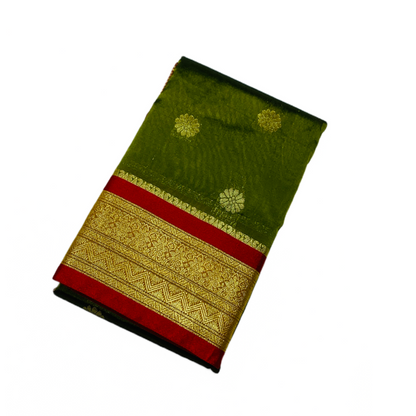 Olive Green shade saree with Golden and Red Border