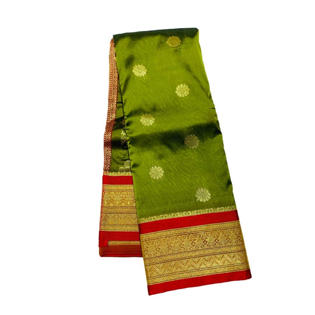 Olive Green shade saree with Golden and Red Border