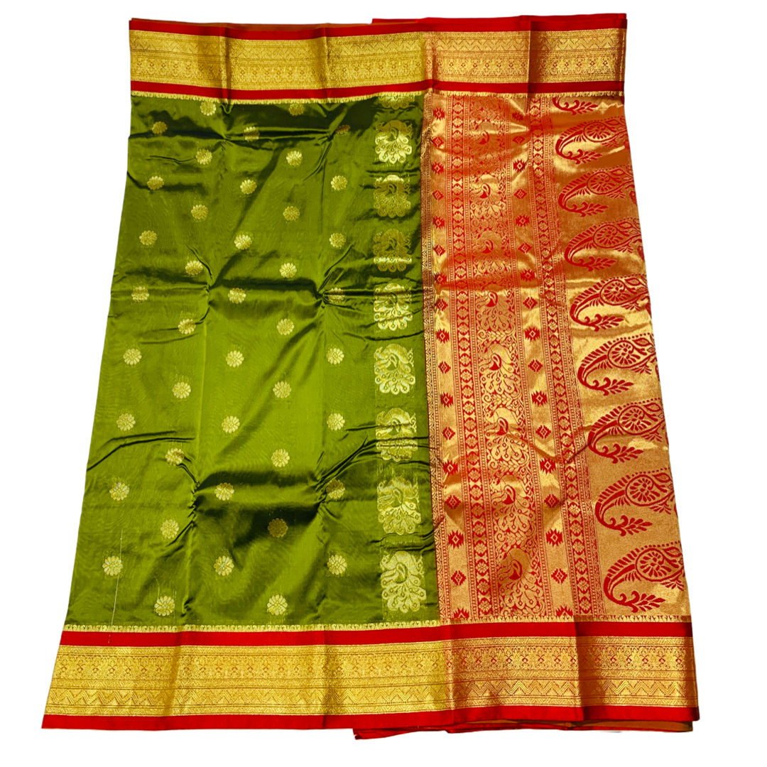 Olive Green shade saree with Golden and Red Border