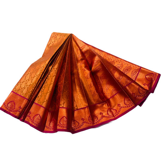 Vegan Silk Saree Honey Brown Colour with Copper and Pink with Mango design