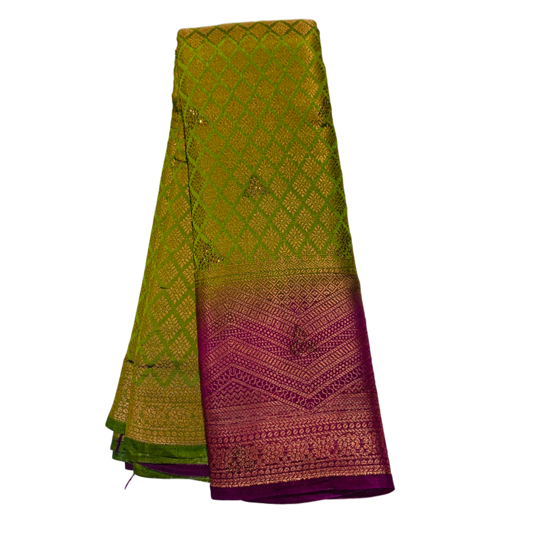 Soft Vegan Silk Saree olive Green Colour with Pink Border