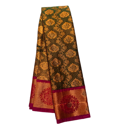 Bridal Vegan Silk Saree Olive Green Colour with Copper Border